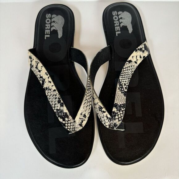 Sorel Shoes - Sorel Ella II Thong Sandals Womens 8.5 Snake Print Flip Flop Beach White Black
